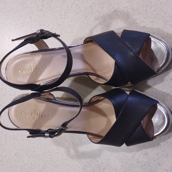 Cole Haan Black Leather Espadrille Wedge Sandals Size 9 Medium EUC - Picture 2 of 16